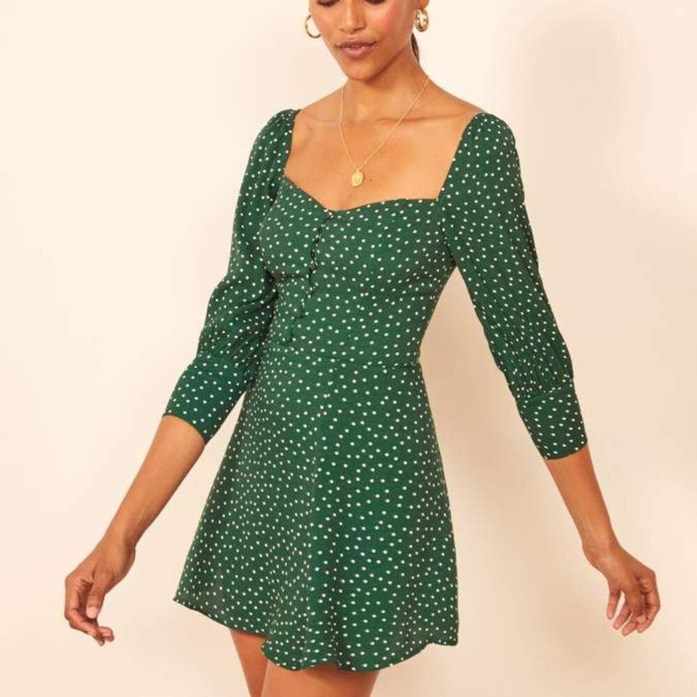 REFORMATION Green Polka Dot Lumiere Dress 10